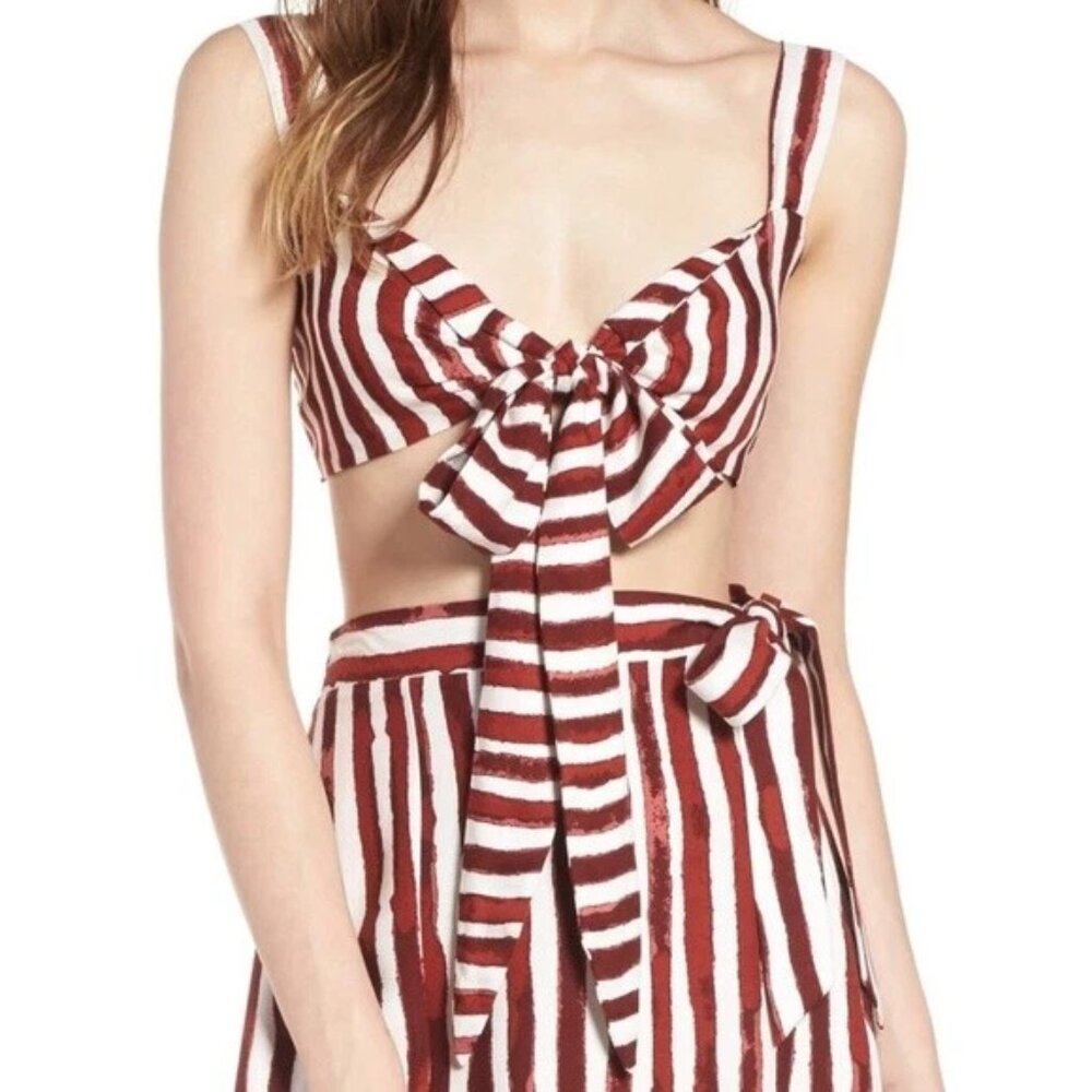 4SI3NNA Womens Red Stripe V-Neck Tie Front Tank Smocked Back Crop Top SMALL
